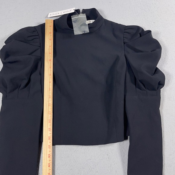 Alice + Olivia Brenna Puff Sleeve Top Women 4 Cropped Mock Neck Black Chic NWT - Picture 2 of 8